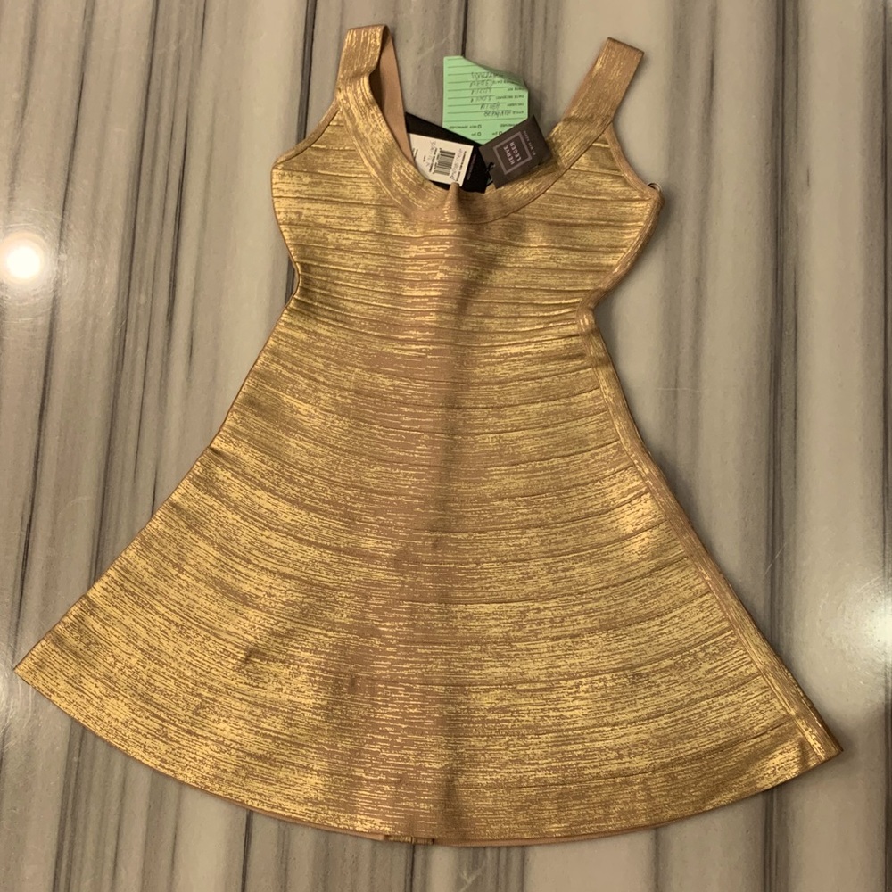 HERVE LEGER Gold Mini Dress, S, NWT
